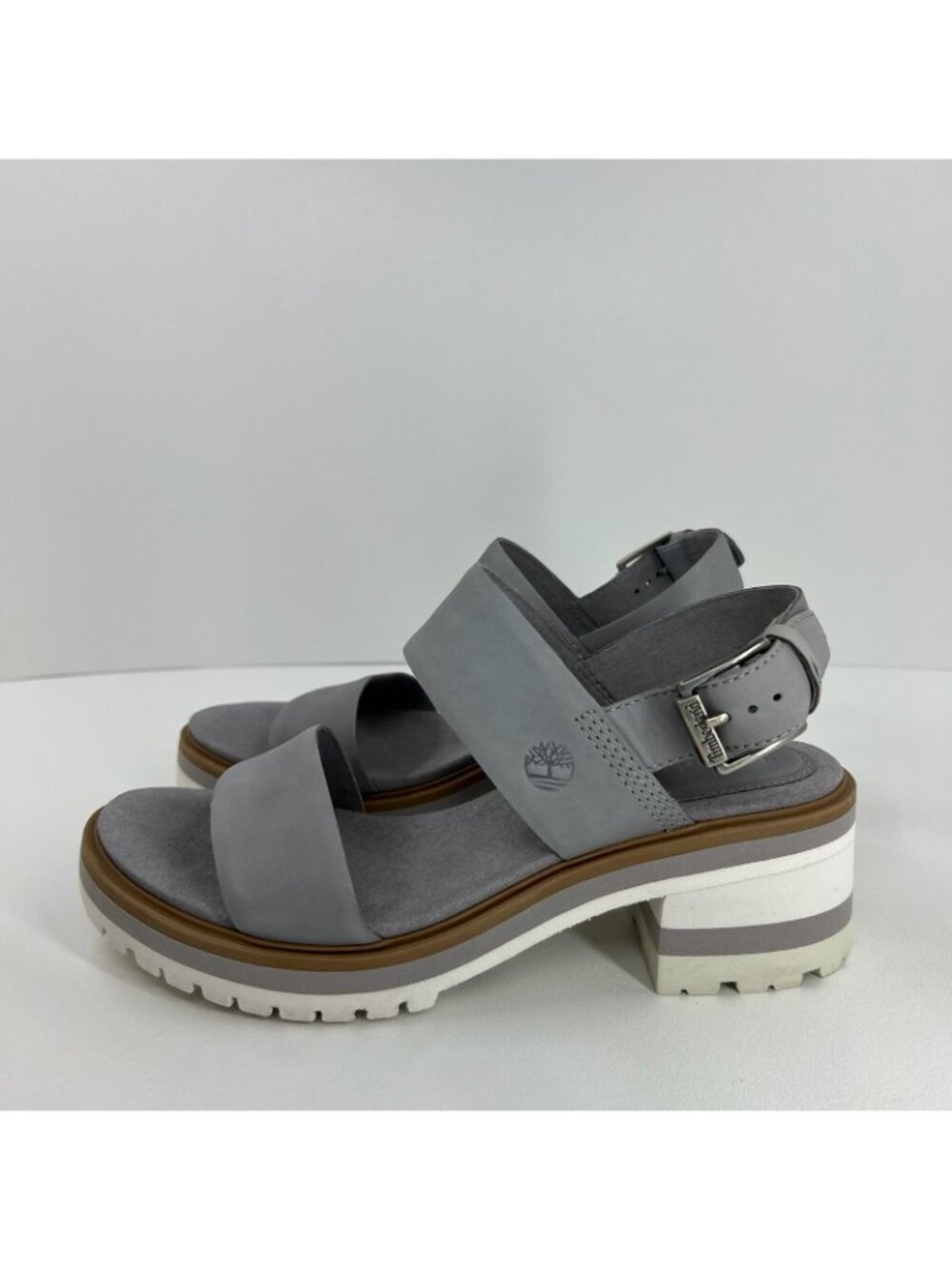 Timberland Violet Marsh 2-Band Sandals Womens 8.5 Nubuck Leather Block Heel Gray - Picture 2 of 13